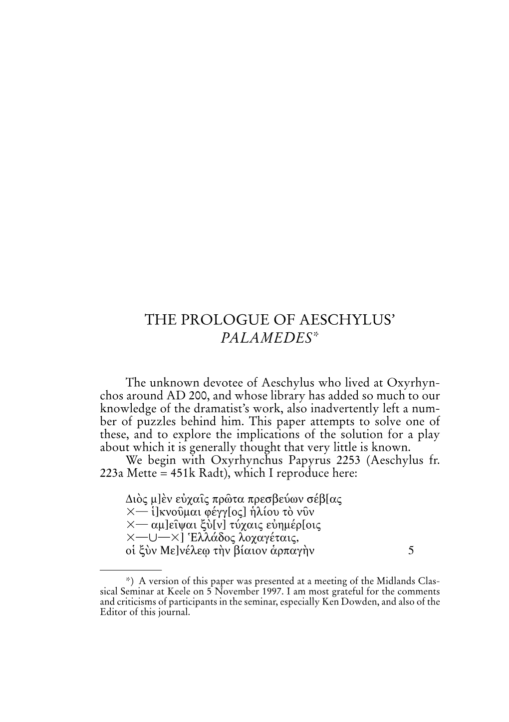 The Prologue of Aeschylus' Palamedes*