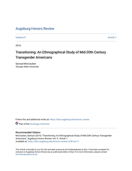 An Ethnographical Study of Mid-20Th Century Transgender Americans