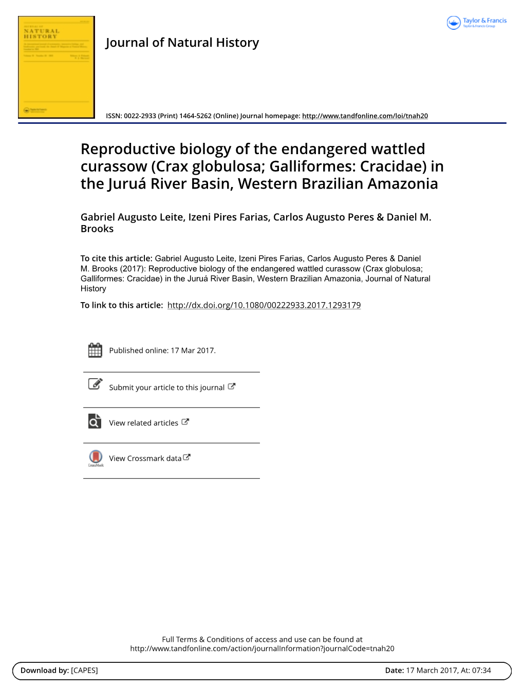 Reproductive Biology of the Endangered Wattled Curassow (Crax Globulosa; Galliformes: Cracidae) in the Juruá River Basin, Western Brazilian Amazonia
