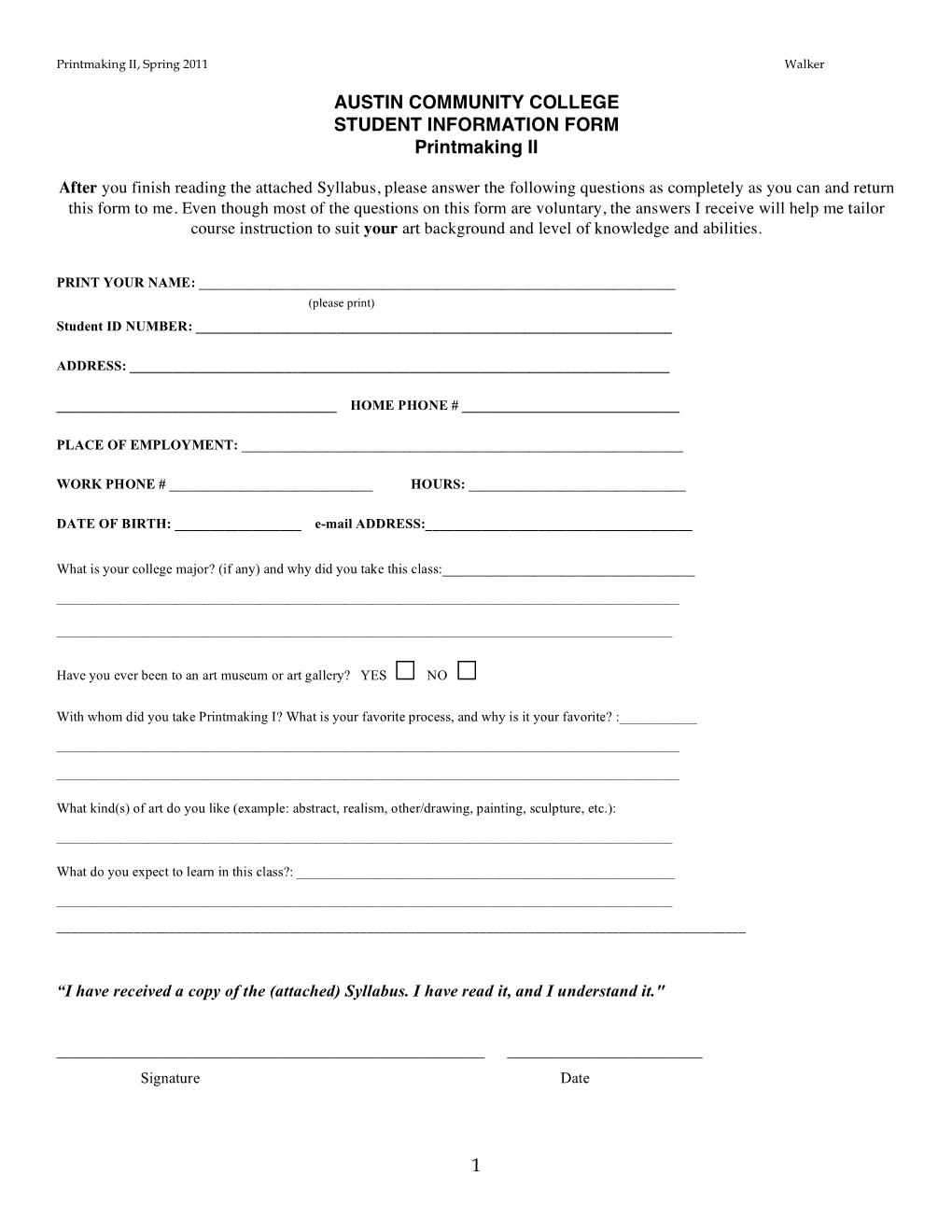 1 Austin Community College Student Information Form