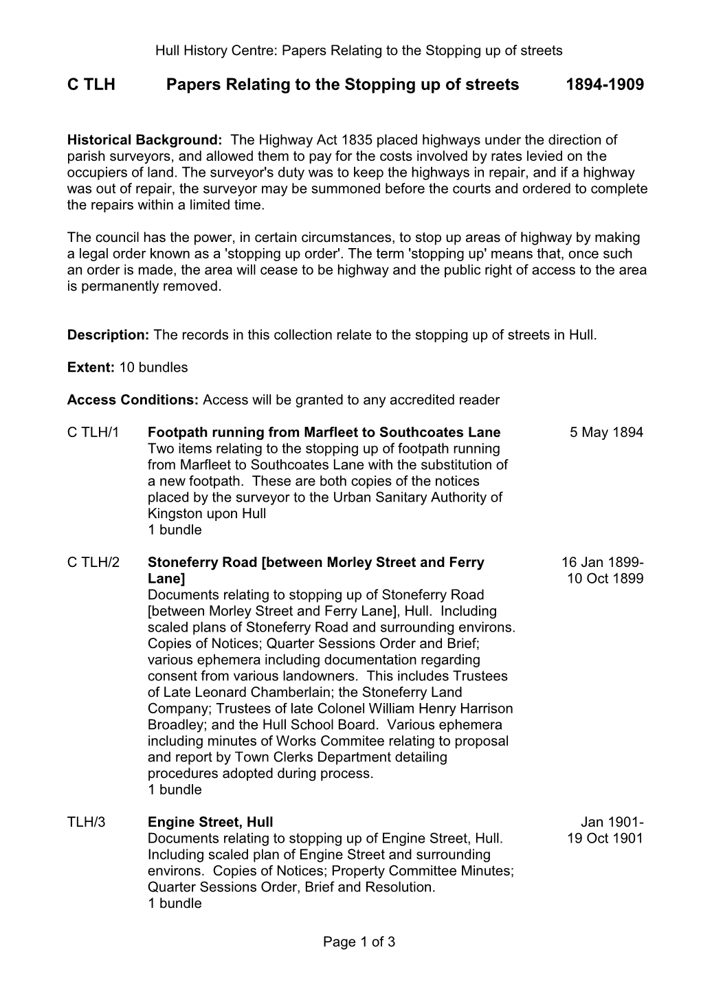 C TLH Papers Relating to the Stopping up of Streets 1894-1909