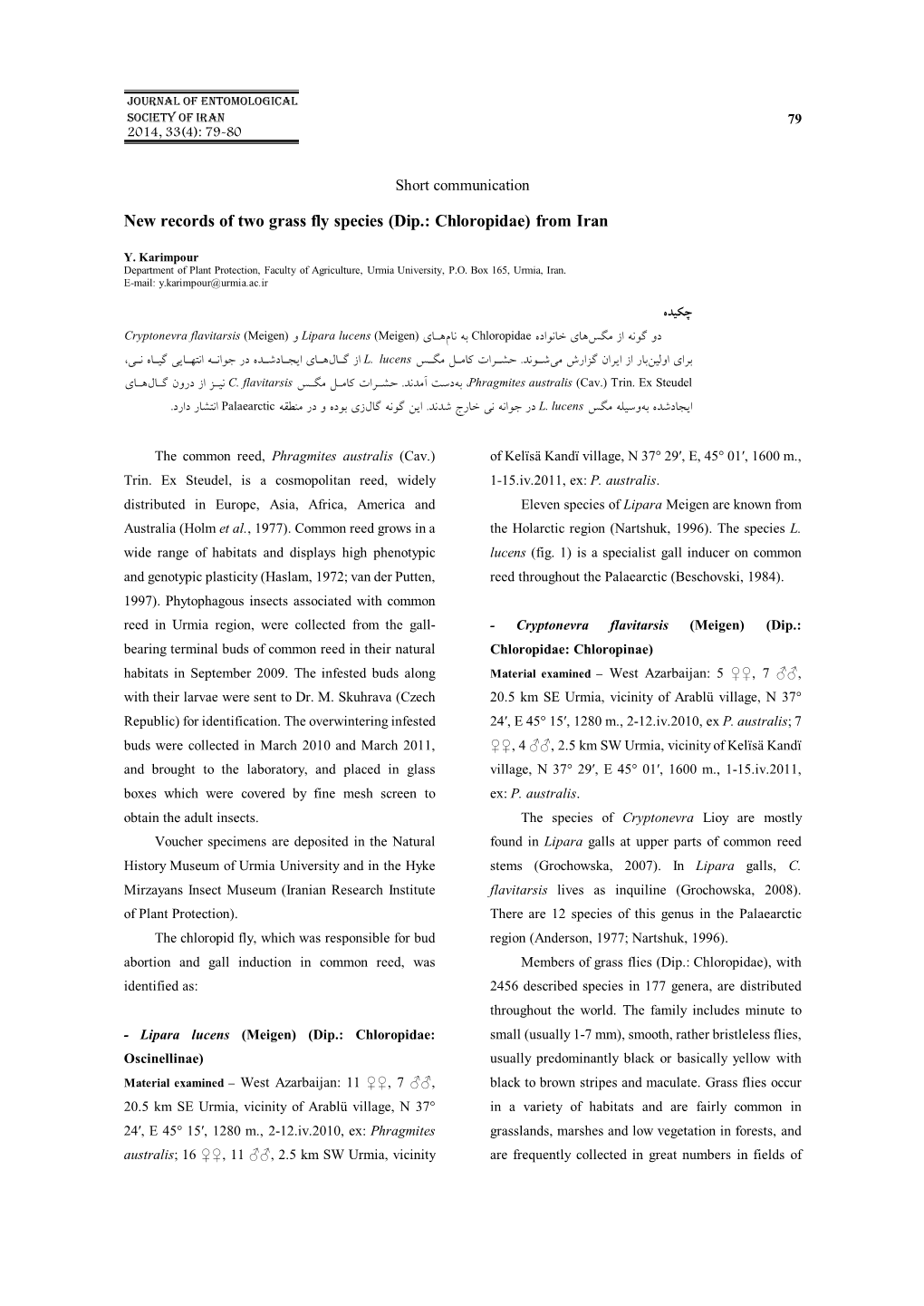 New Records of Two Grass Fly Species (Dip.: Chloropidae) from Iran