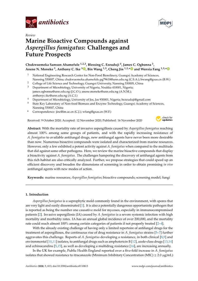 Marine Bioactive Compounds Against Aspergillus Fumigatus: Challenges and Future Prospects
