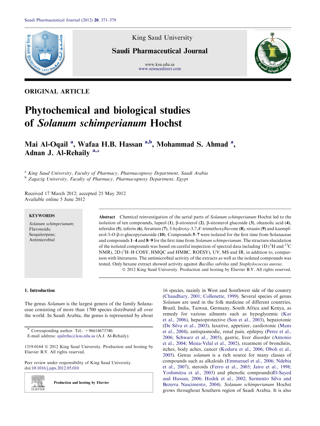 Phytochemical and Biological Studies of Solanum Schimperianum Hochst