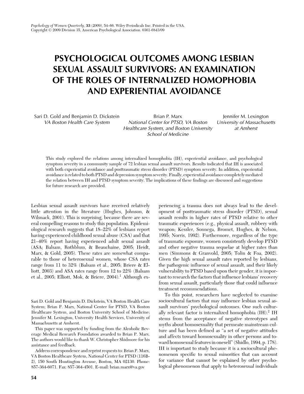 Psychological Outcomes Among Lesbian Sexual Assault Survivors: an Examination of the Roles of Internalized Homophobia and Experiential Avoidance