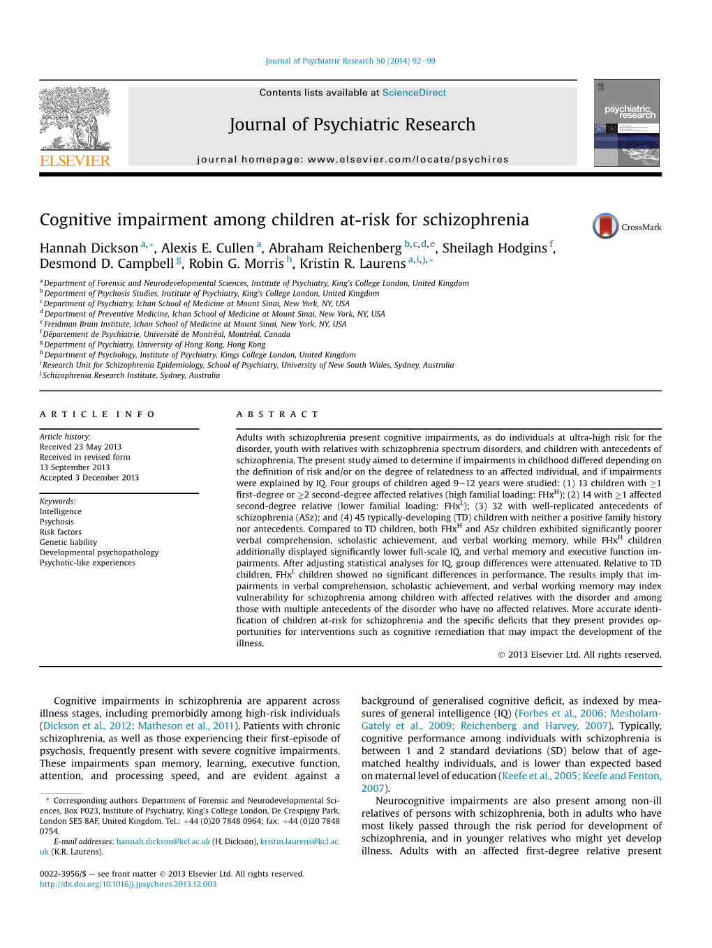 Cognitive Impairment Among Children At-Risk for Schizophrenia