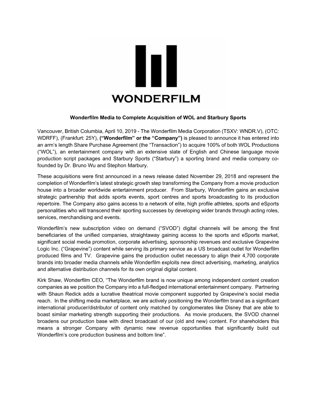 Wonderfilm Media to Complete Acquisition of WOL and Starbury Sports