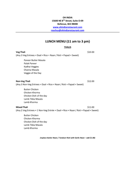 LUNCH MENU (11 Am to 3 Pm)