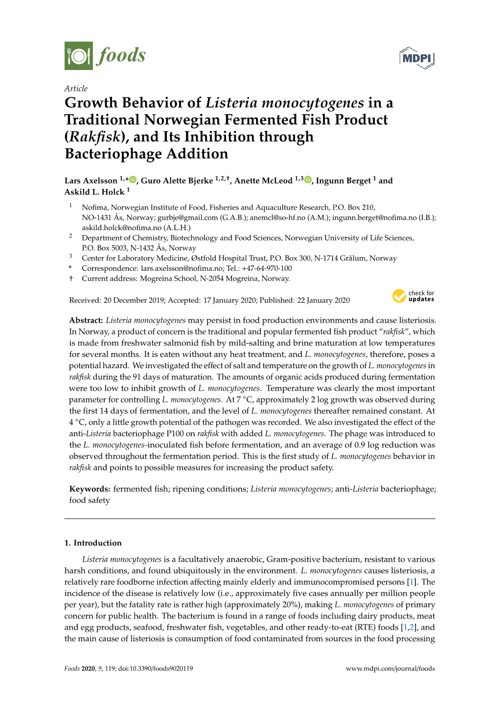 Growth Behavior of Listeria Monocytogenes in a Traditional Norwegian Fermented Fish Product (Rakﬁsk), and Its Inhibition Through Bacteriophage Addition