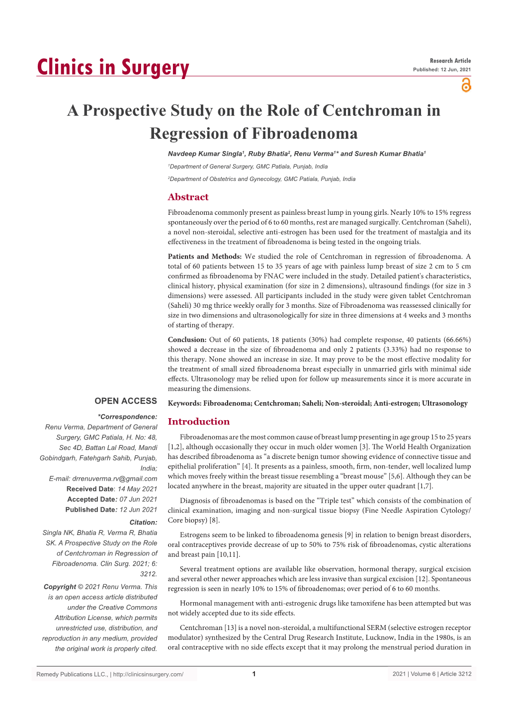 A Prospective Study on the Role of Centchroman in Regression of Fibroadenoma