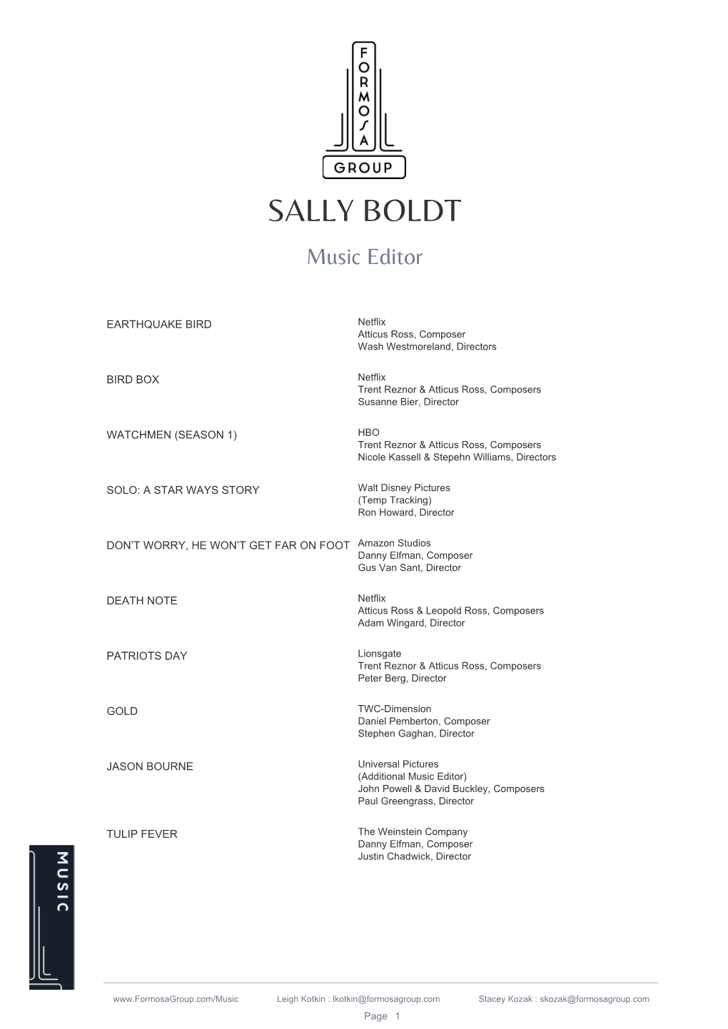 SALLY BOLDT Music Editor