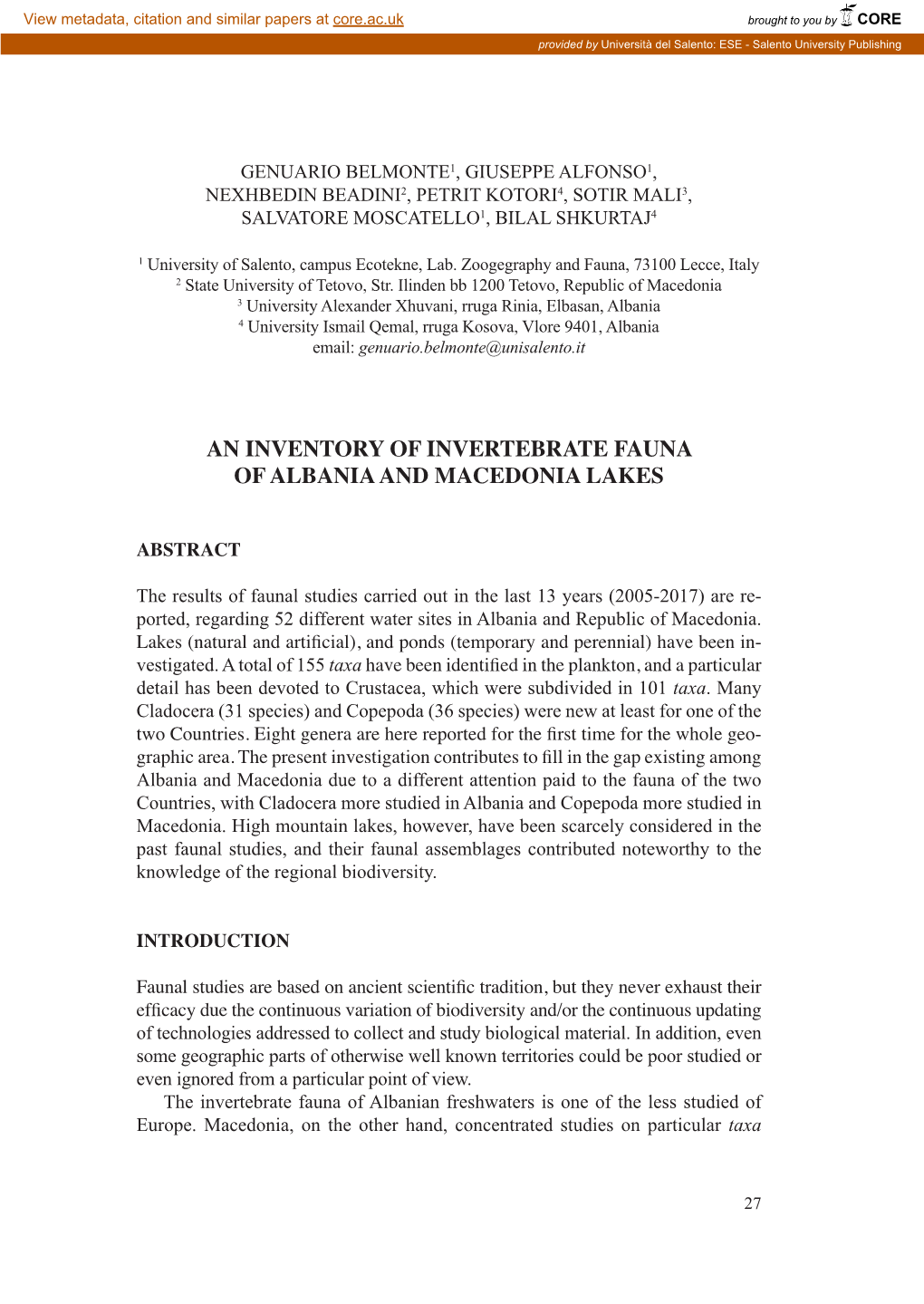 An Inventory of Invertebrate Fauna of Albania and Macedonia Lakes