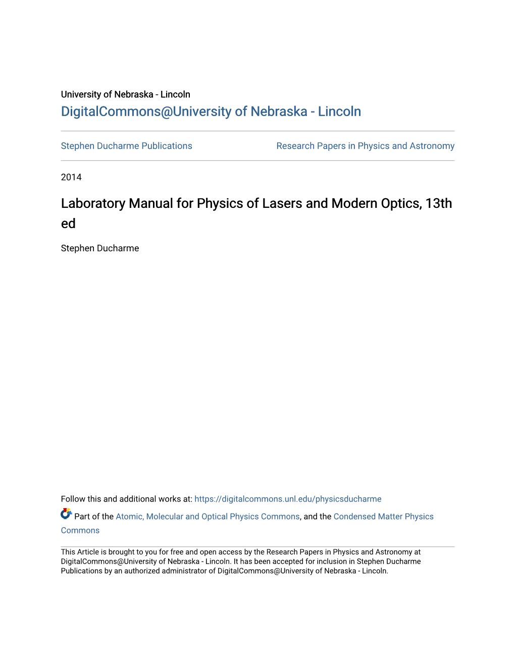 Laboratory Manual for Physics of Lasers and Modern Optics, 13Th Ed