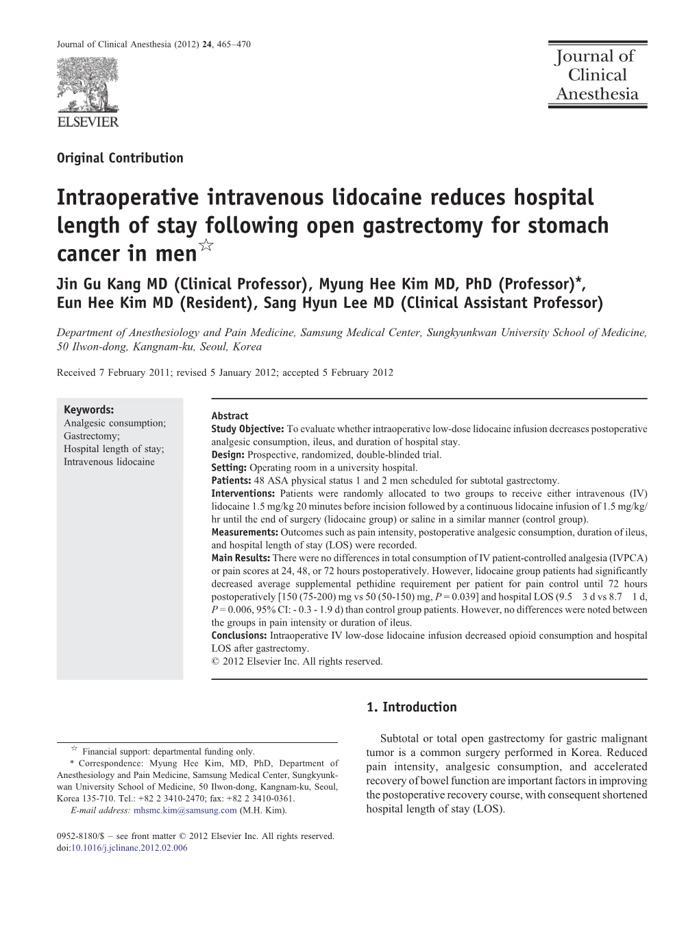 Intraoperative Intravenous Lidocaine Reduces Hospital Length of Stay