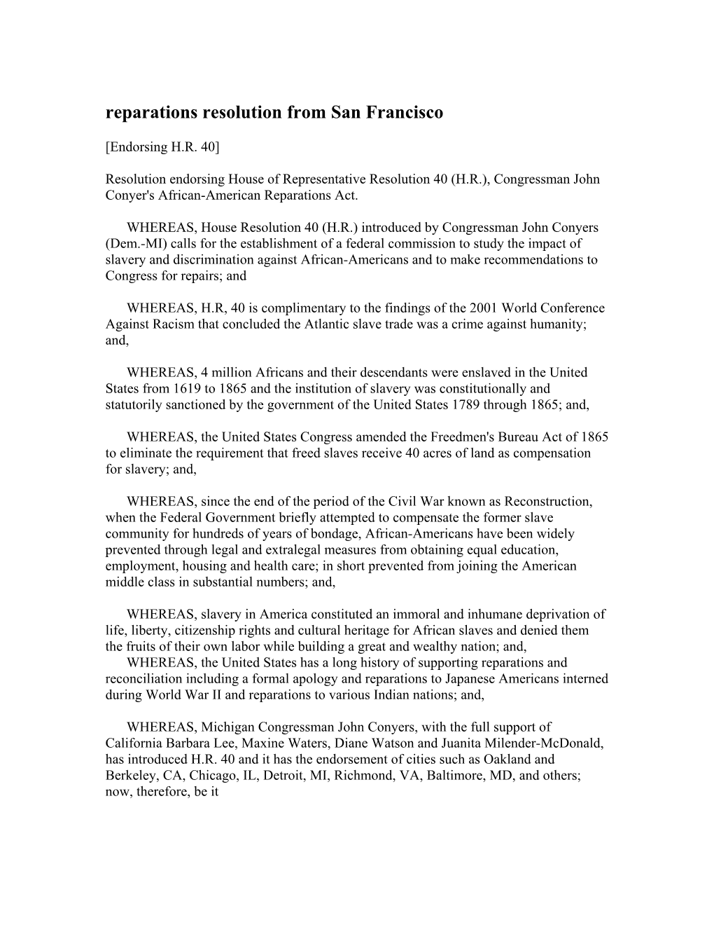 Reparations Resolution from San Francisco