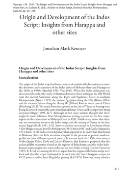 Origin and Development of the Indus Script: Insights from Harappa and Other Sites, In: Lashari, K
