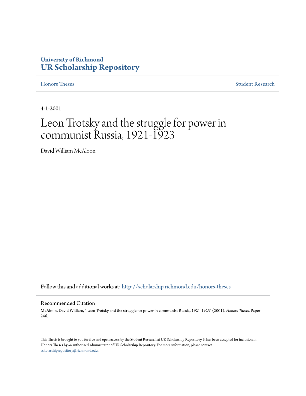 Leon Trotsky and the Struggle for Power in Communist Russia, 1921-1923 David William Mcaloon
