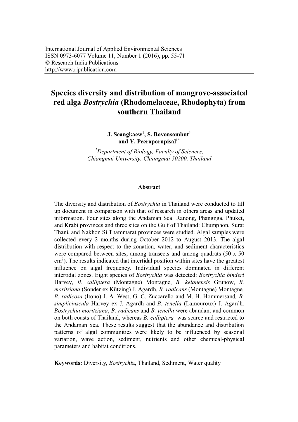 Species Diversity and Distribution of Mangrove-Associated Red Alga Bostrychia (Rhodomelaceae, Rhodophyta) from Southern Thailand