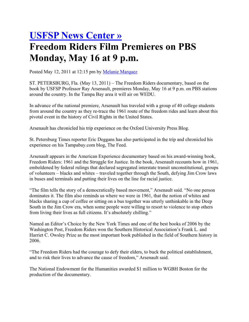 Press Release: 2011: 05: 12: Freedom Riders Film Premieres On