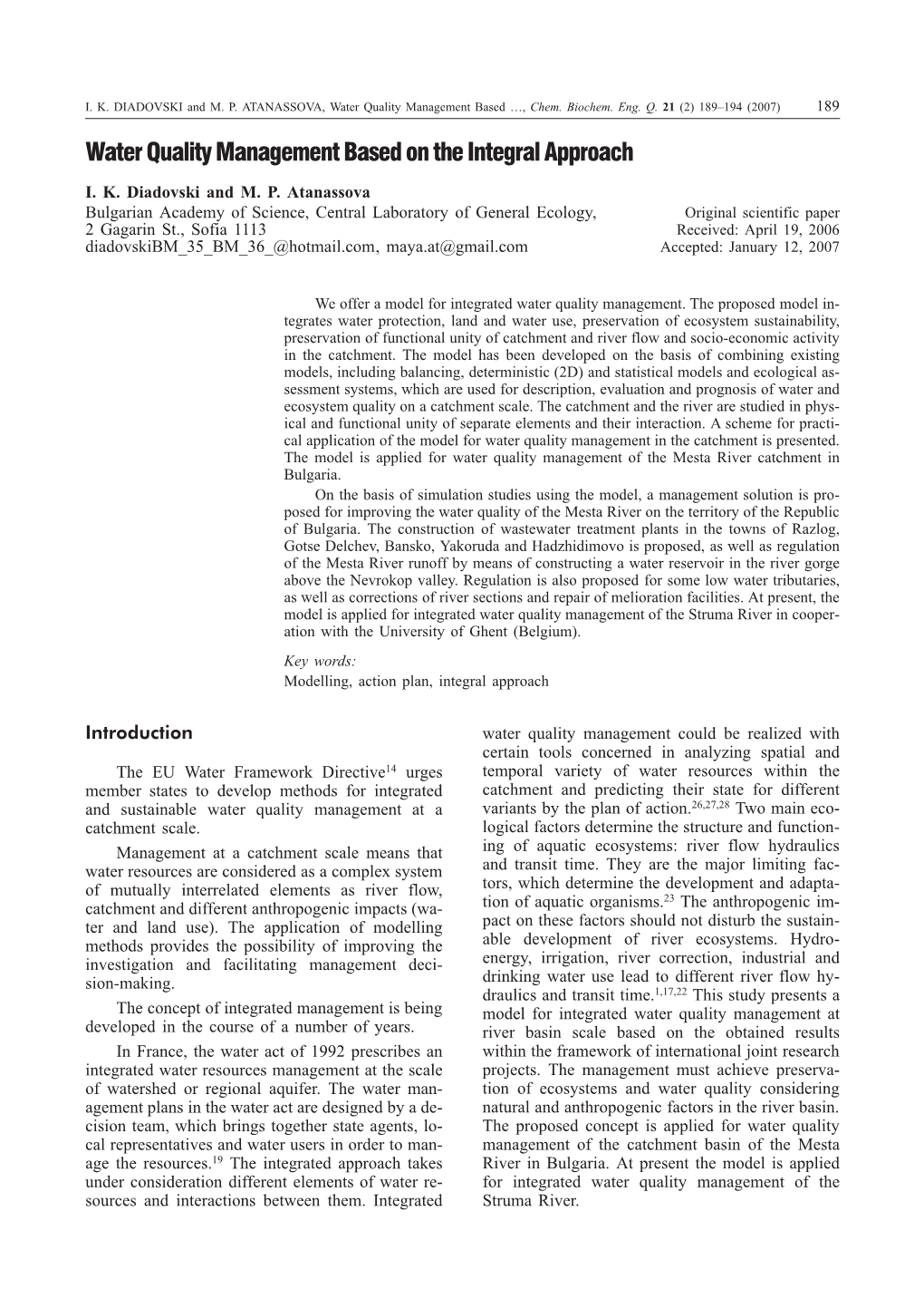 Water Quality Management Based on the Integral Approach