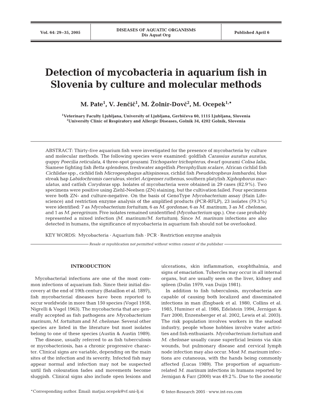 Detection of Mycobacteria in Aquarium Fish in Slovenia by Culture and Molecular Methods