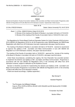 U.O.No. 8782/2019/Admn Dated, Calicut University.P.O, 04.07.2019 Biju George K Assistant Registrar Forwarded / by Order Section