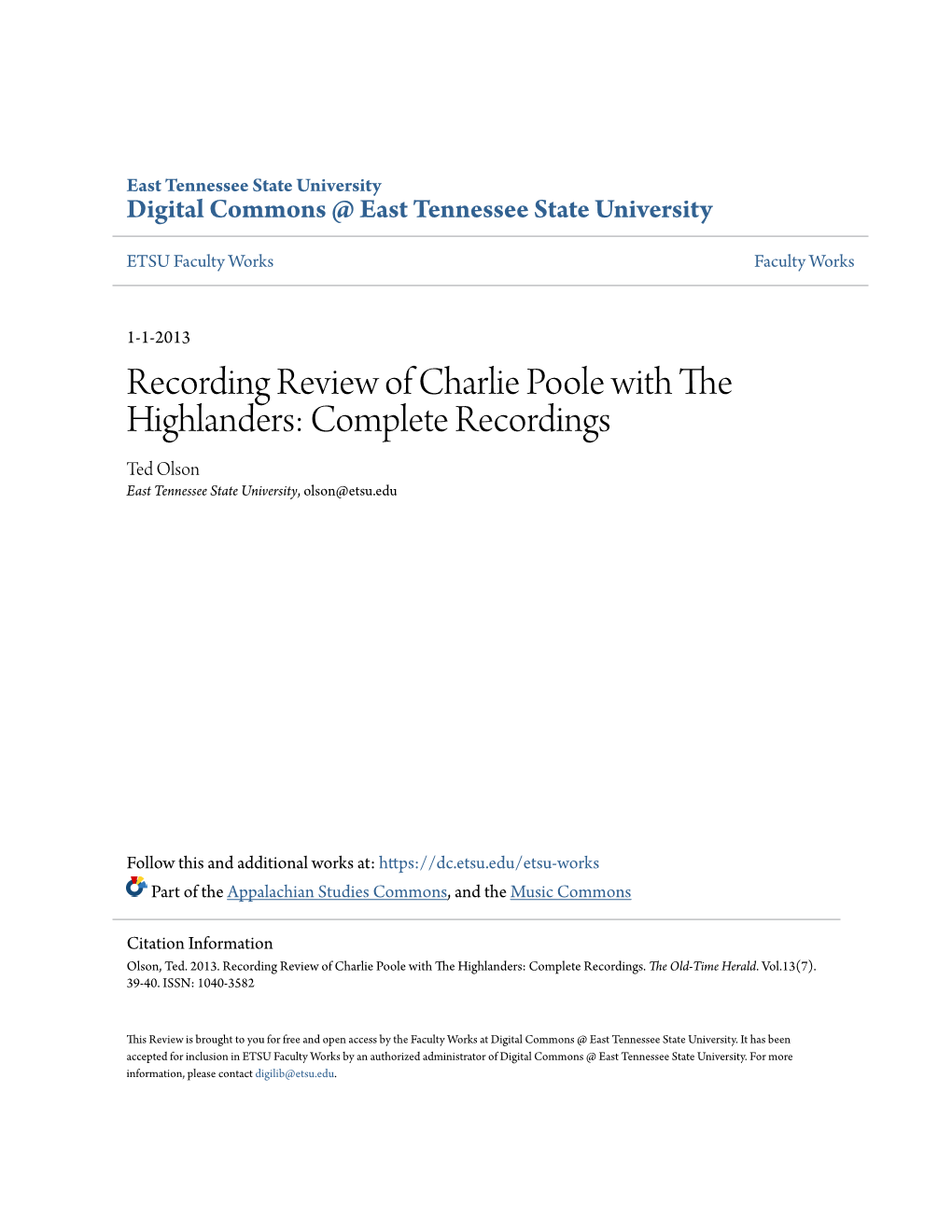 Recording Review of Charlie Poole with the Highlanders: Complete Recordings Ted Olson East Tennessee State University, Olson@Etsu.Edu