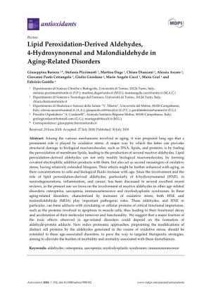 Lipid Peroxidation-Derived Aldehydes, 4-Hydroxynonenal and Malondialdehyde in Aging-Related Disorders