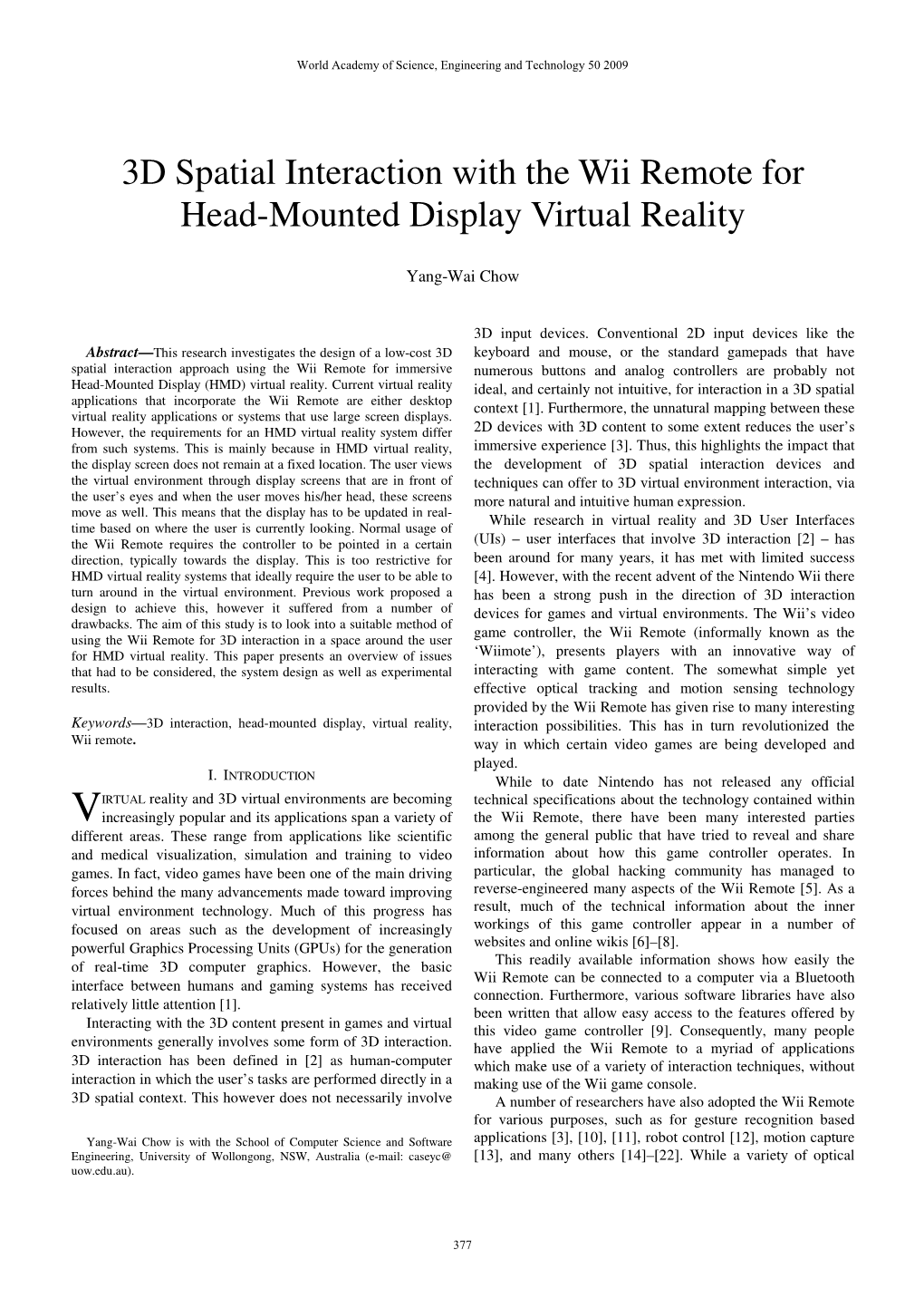 3D Spatial Interaction with the Wii Remote for Head-Mounted Display Virtual Reality