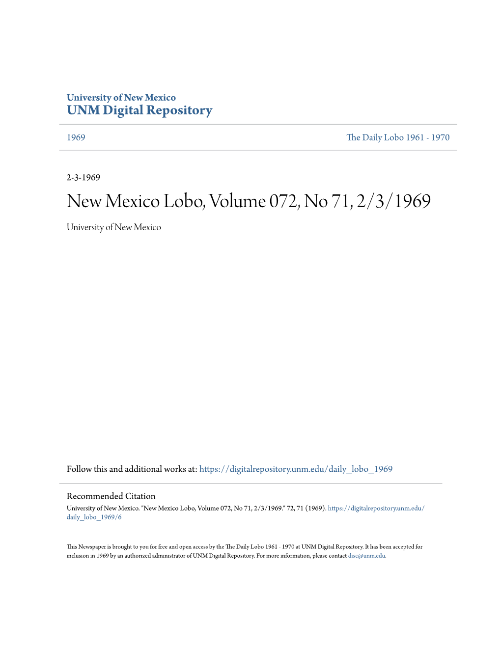 New Mexico Lobo, Volume 072, No 71, 2/3/1969 University of New Mexico