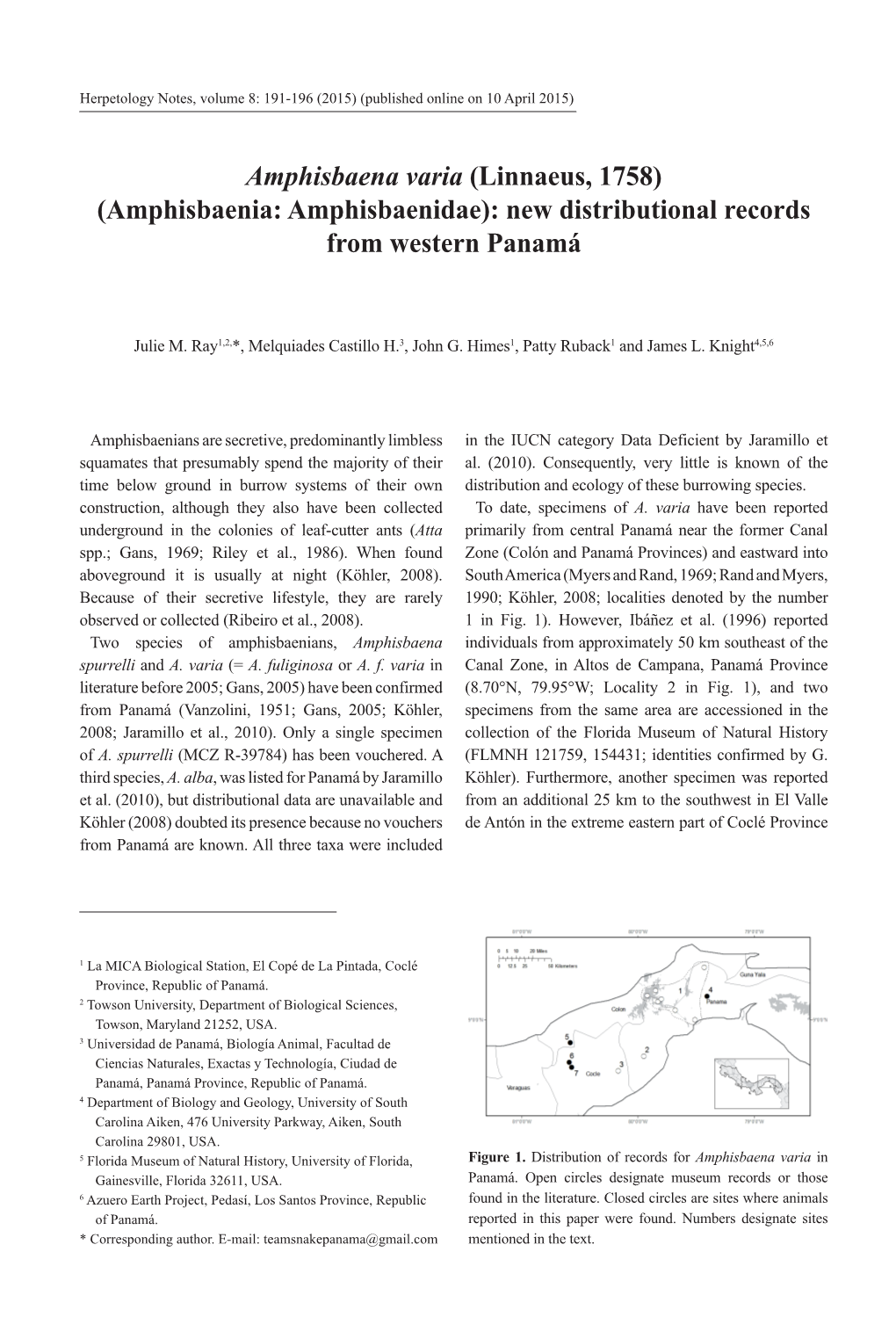 Amphisbaena Varia (Linnaeus, 1758) (Amphisbaenia: Amphisbaenidae): New Distributional Records from Western Panamá