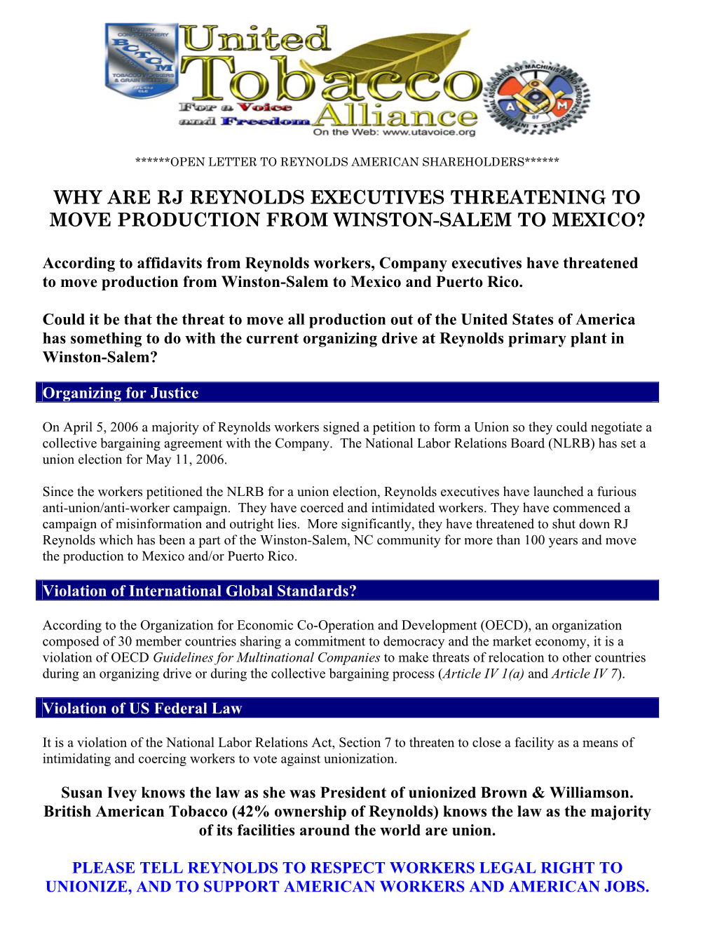 Why Are Rj Reynolds Executives Threatening to Move Production from Winston-Salem to Mexico?