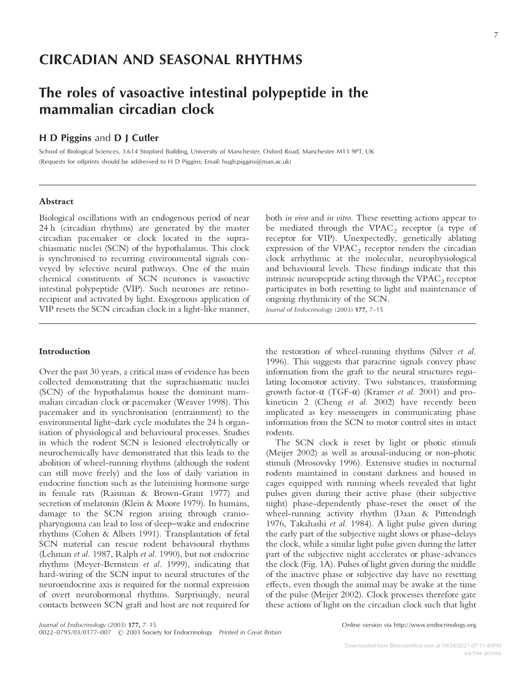 CIRCADIAN and SEASONAL RHYTHMS the Roles of Vasoactive