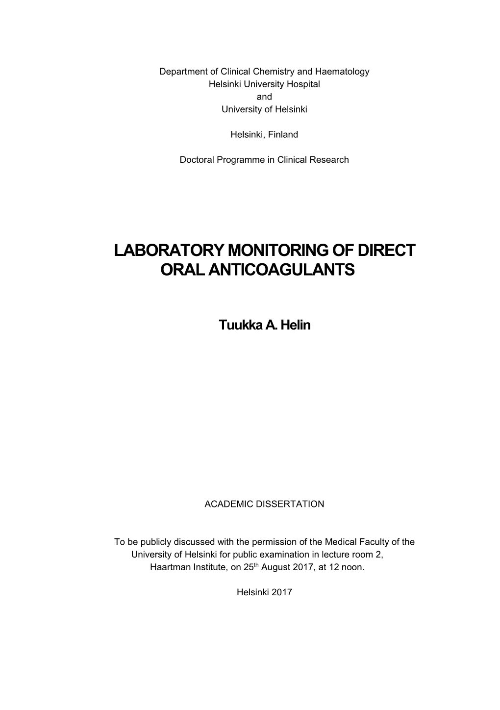 Laboratory Monitoring of Direct Oral Anticoagulants