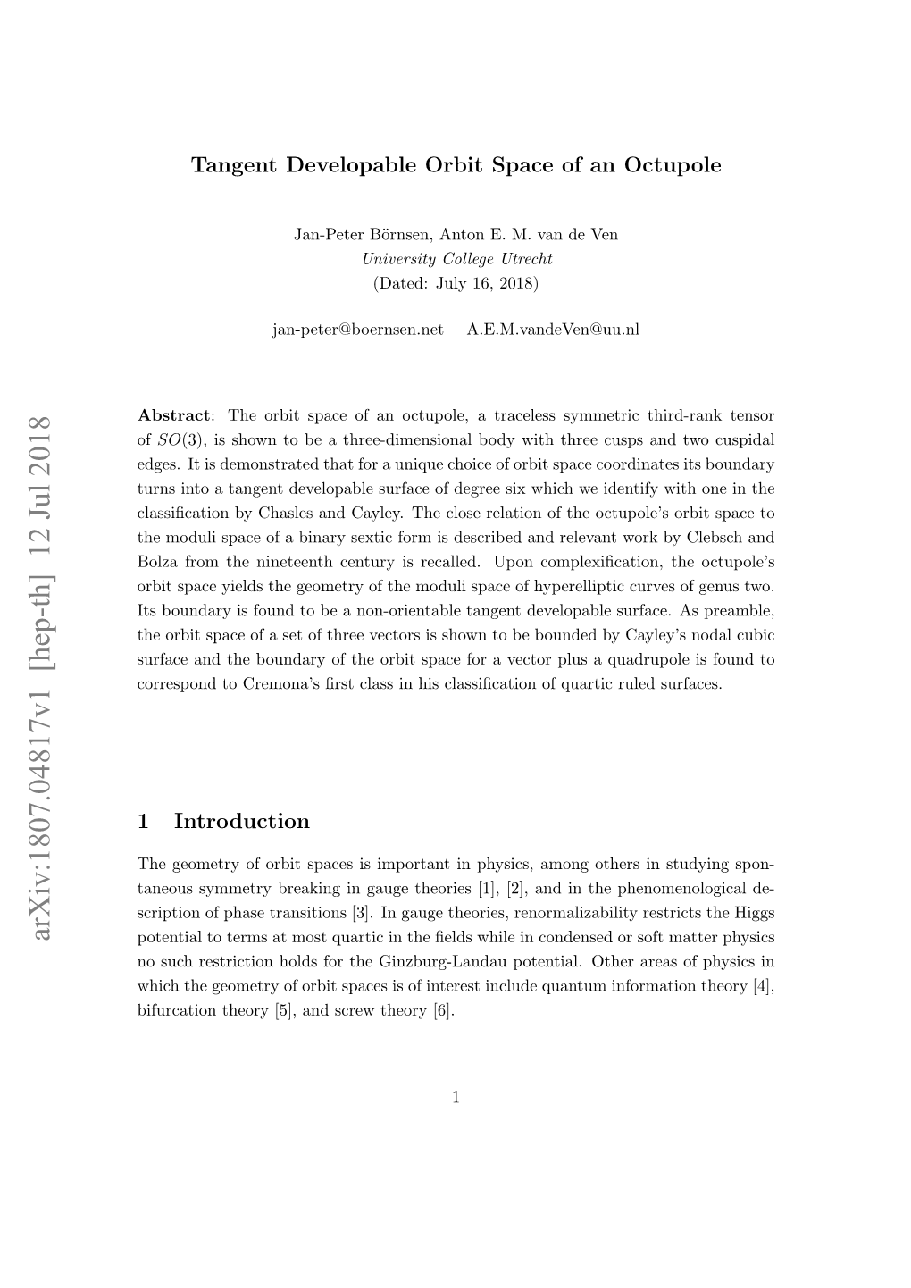 Tangent Developable Orbit Space of an Octupole