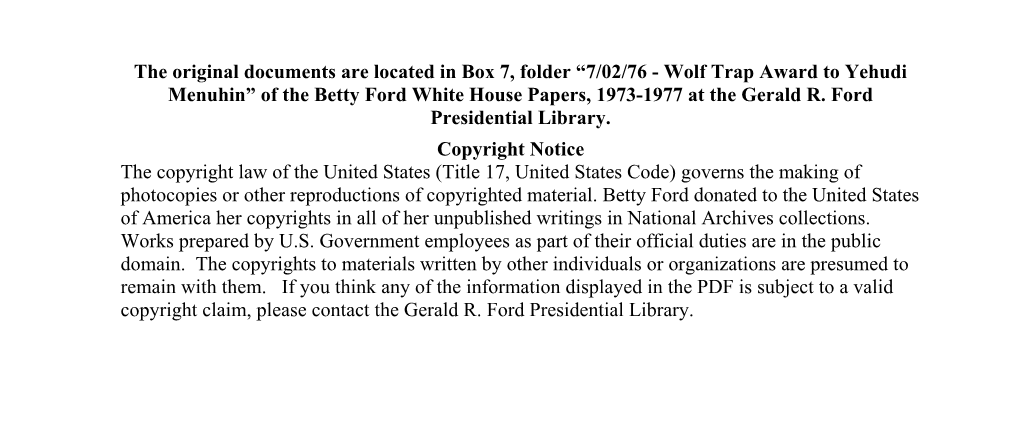 Wolf Trap Award to Yehudi Menuhin” of the Betty Ford White House Papers, 1973-1977 at the Gerald R