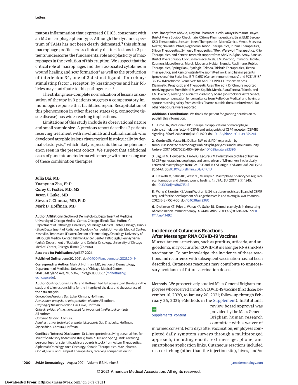 Incidence of Cutaneous Reactions After Messenger RNA COVID-19 Vaccines