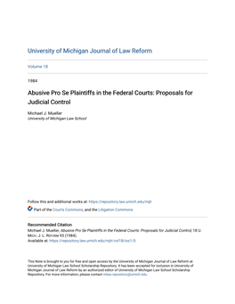 Abusive Pro Se Plaintiffs in the Federal Courts: Proposals for Judicial Control
