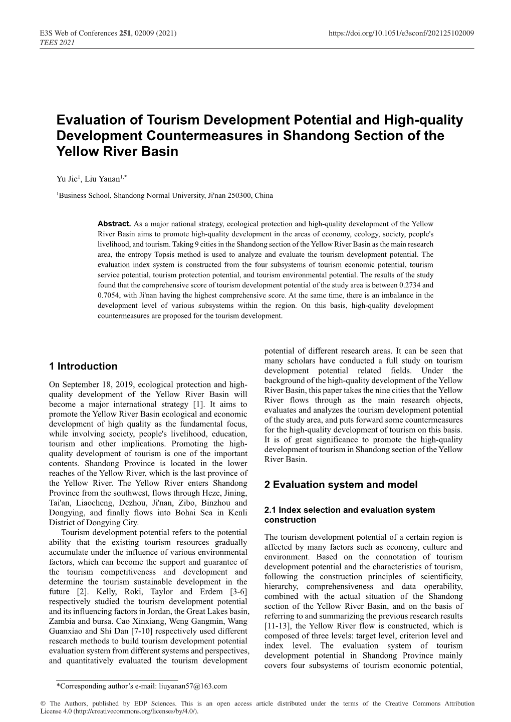 Evaluation of Tourism Development Potential and High-Quality Development Countermeasures in Shandong Section of the Yellow River Basin