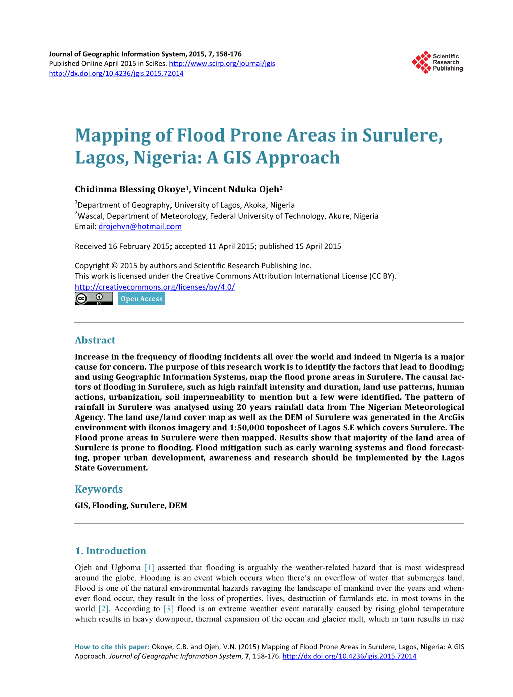 Mapping of Flood Prone Areas in Surulere, Lagos, Nigeria: a GIS Approach