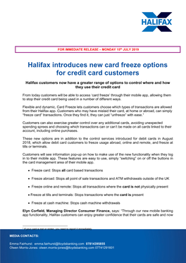 Halifax Introduces New Card Freeze Options for Credit Card Customers