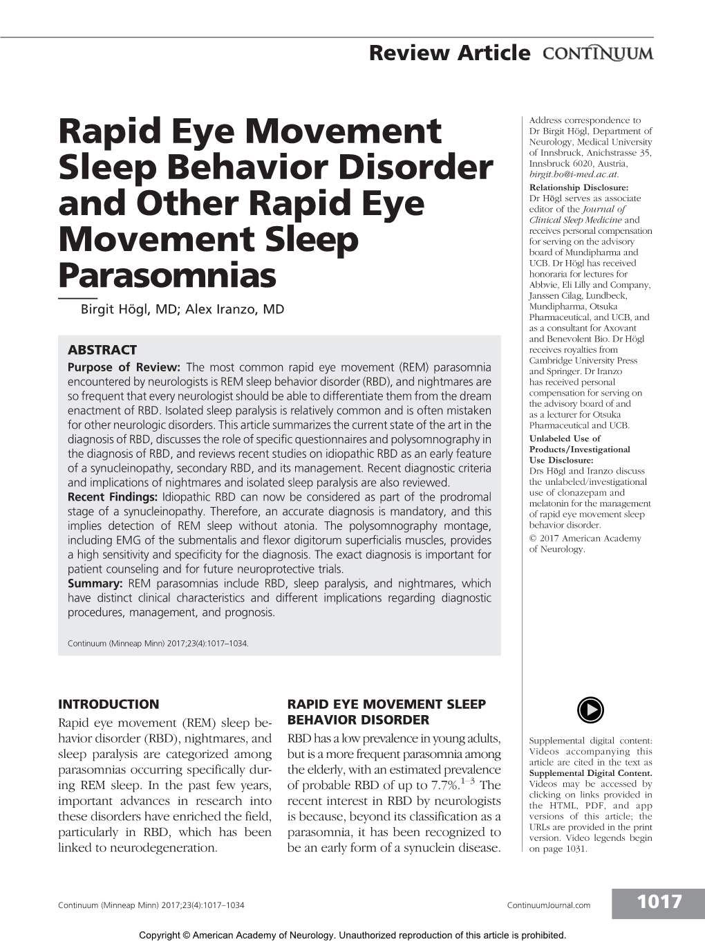 REM Sleep Behavior Disorder
