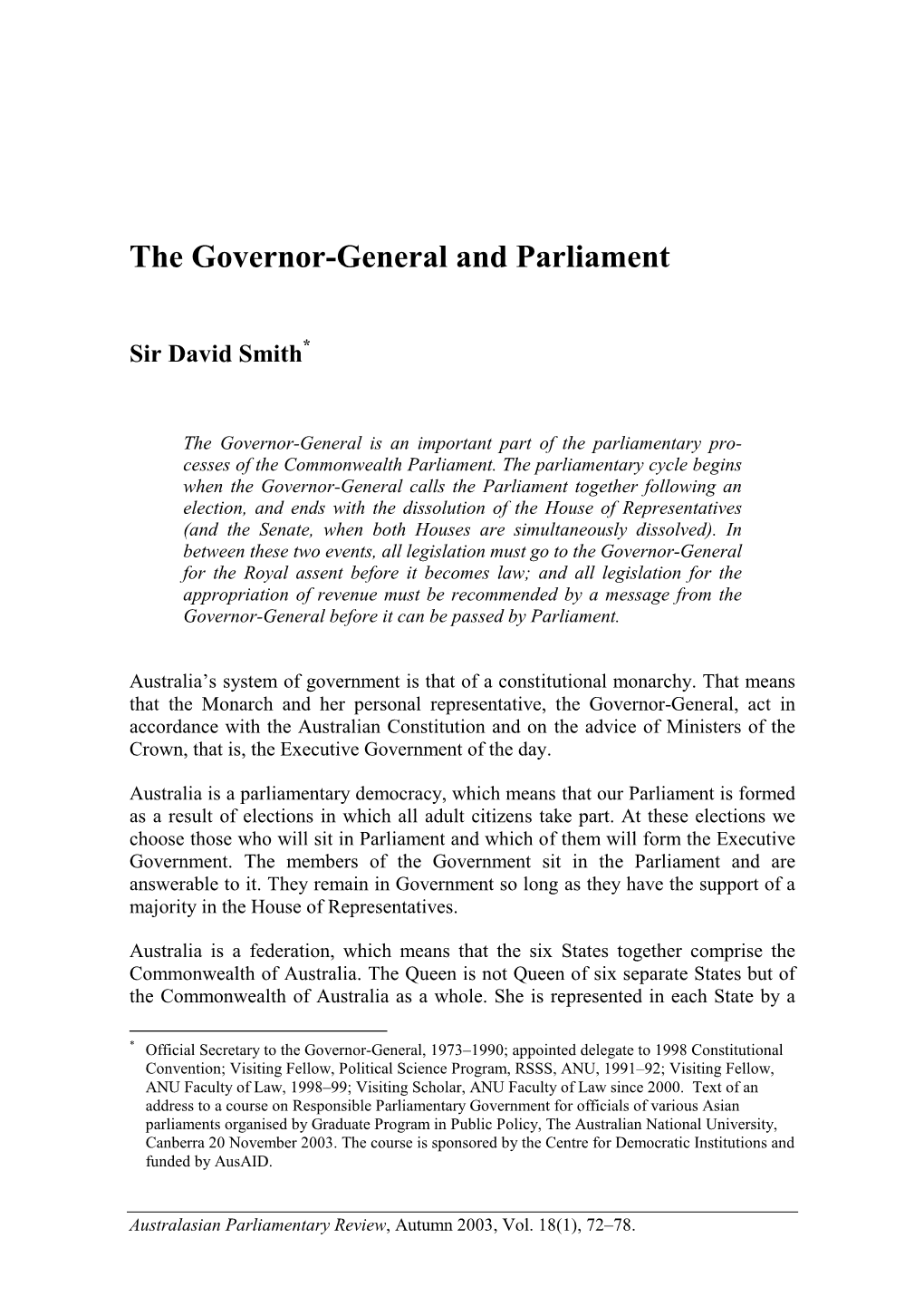 The Governor-General and Parliament