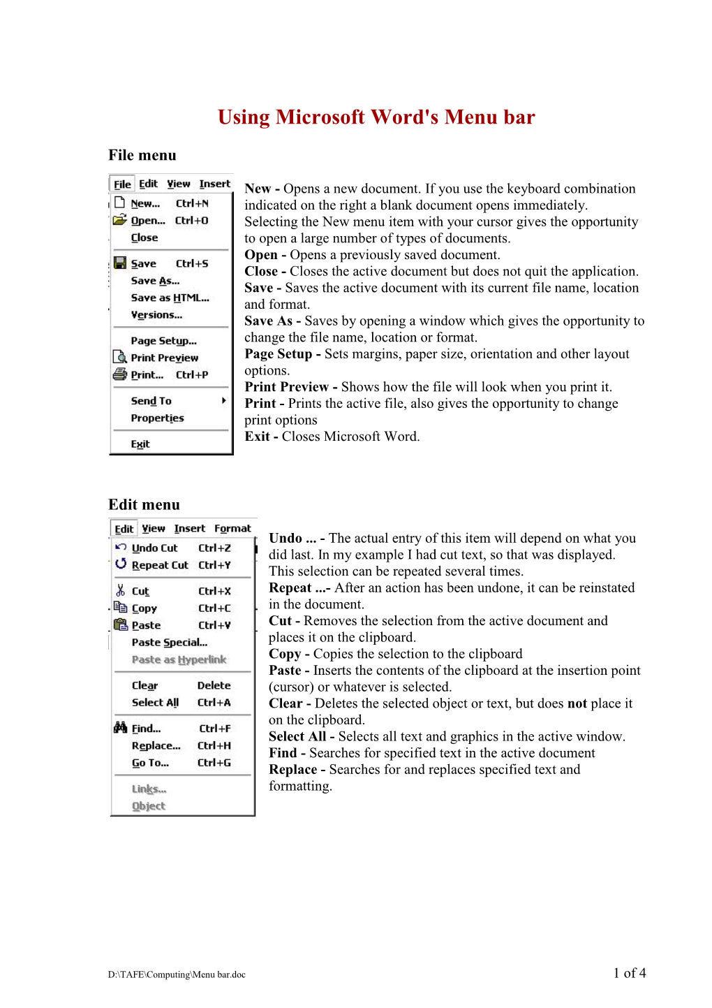 Using Microsoft Word's Menu Bar