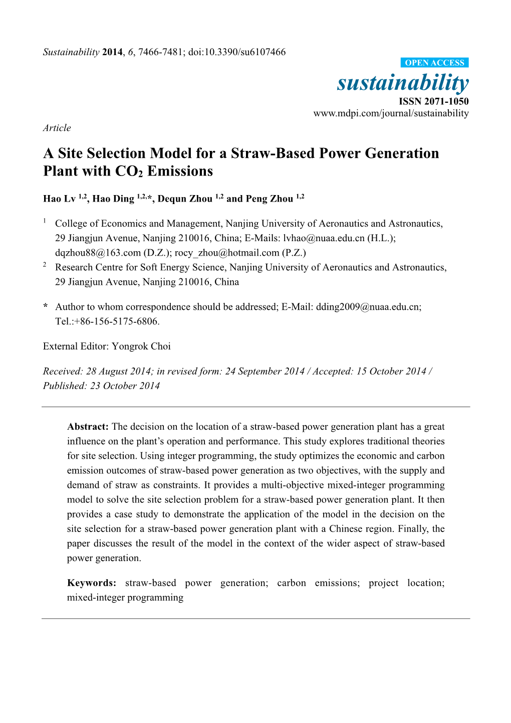 A Site Selection Model for a Straw-Based Power Generation Plant with CO2 Emissions