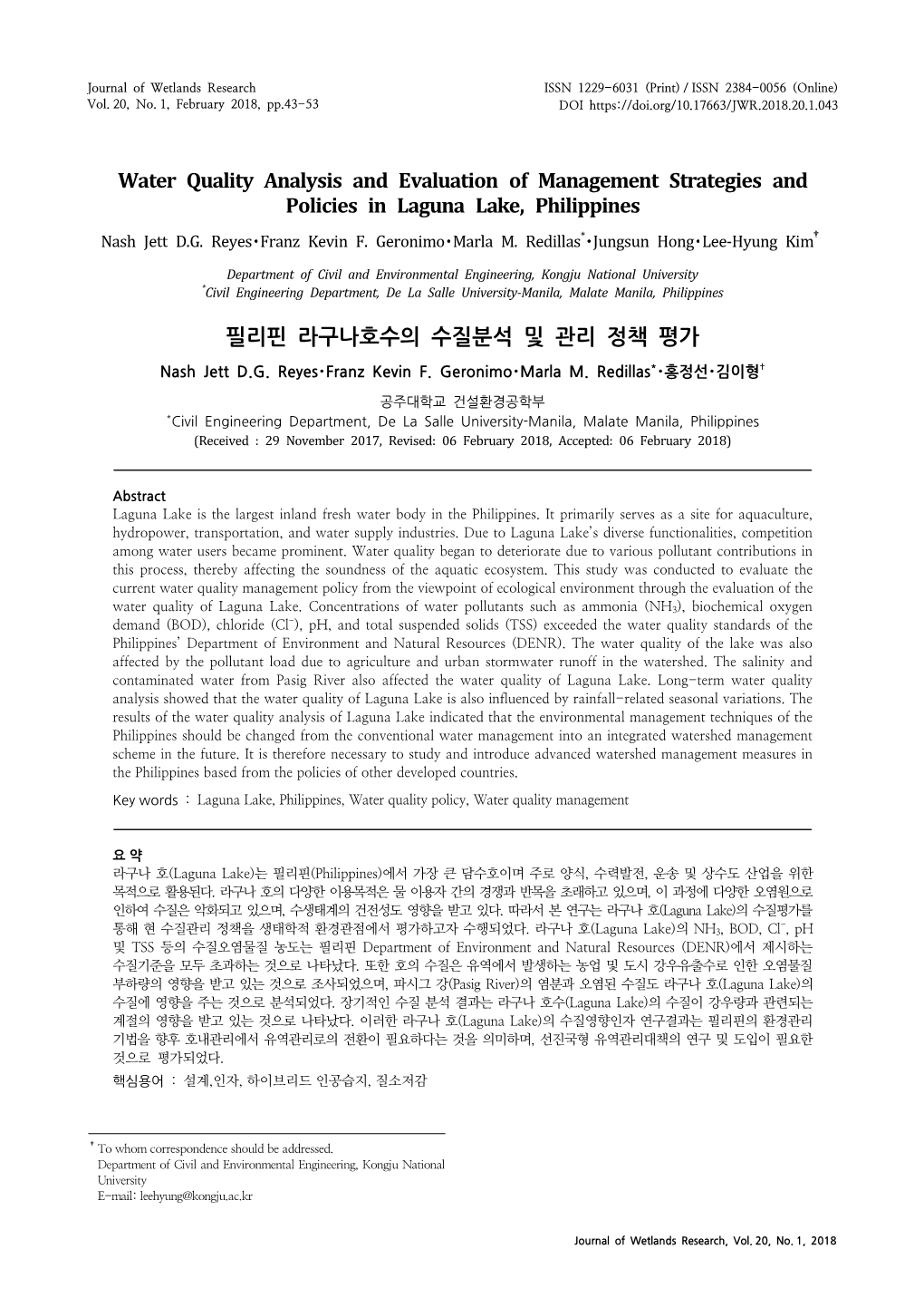 Water Quality Analysis and Evaluation of Management Strategies and Policies in Laguna Lake, Philippines Nash Jett D.G