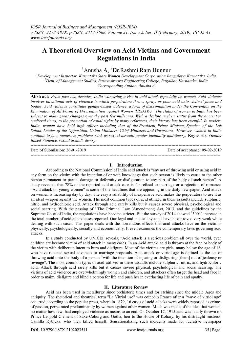 A Theoretical Overview on Acid Victims and Government Regulations in India