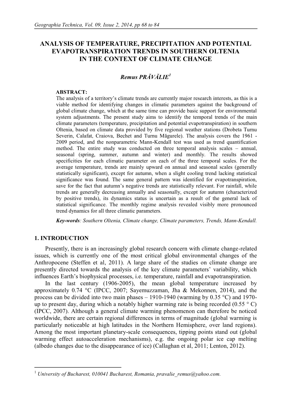 Analysis of Temperature, Precipitation and Potential Evapotranspiration Trends in Southern Oltenia in the Context of Climate Change