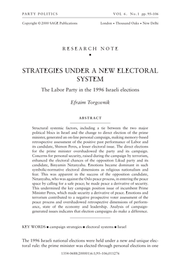 STRATEGIES UNDER a NEW ELECTORAL SYSTEM the Labor Party in the 1996 Israeli Elections