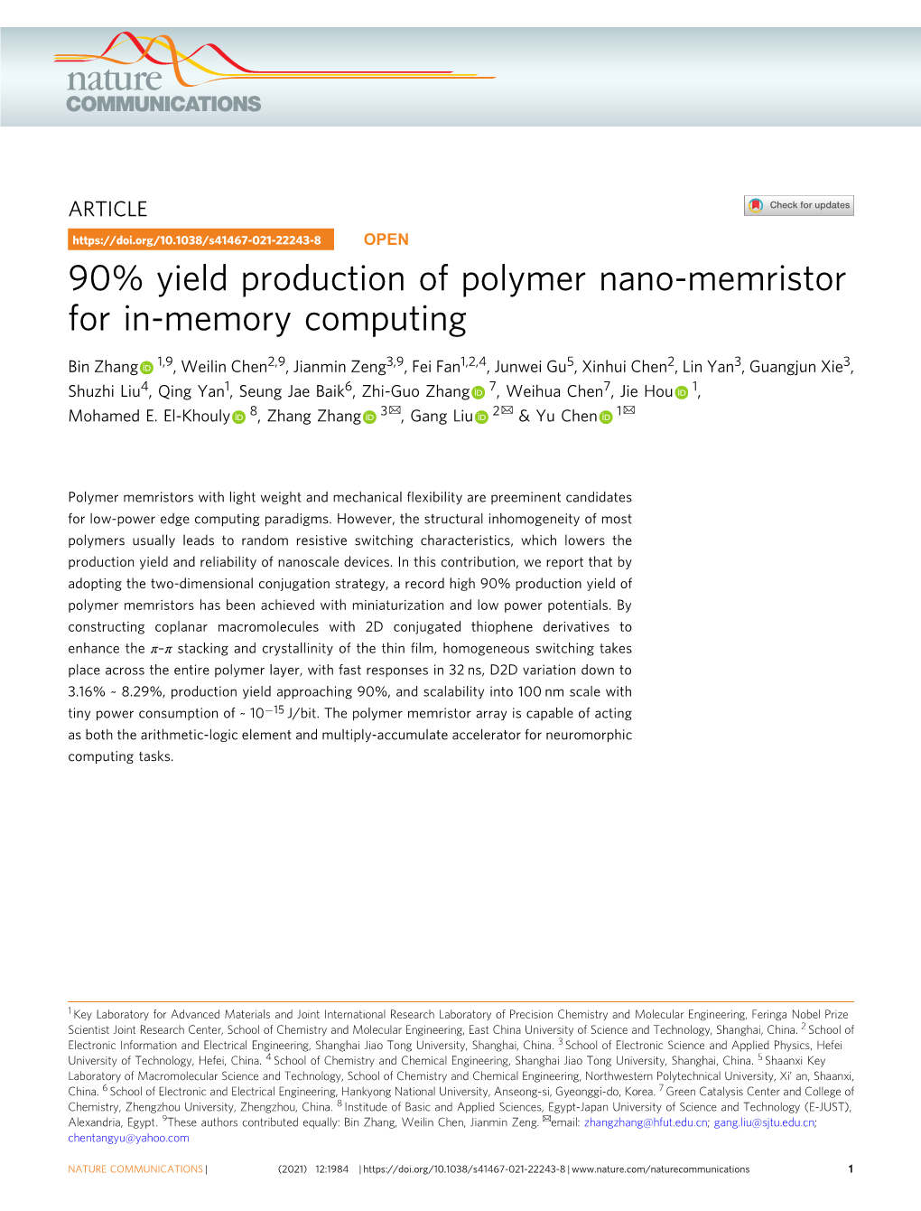 90% Yield Production of Polymer Nano-Memristor for In-Memory Computing